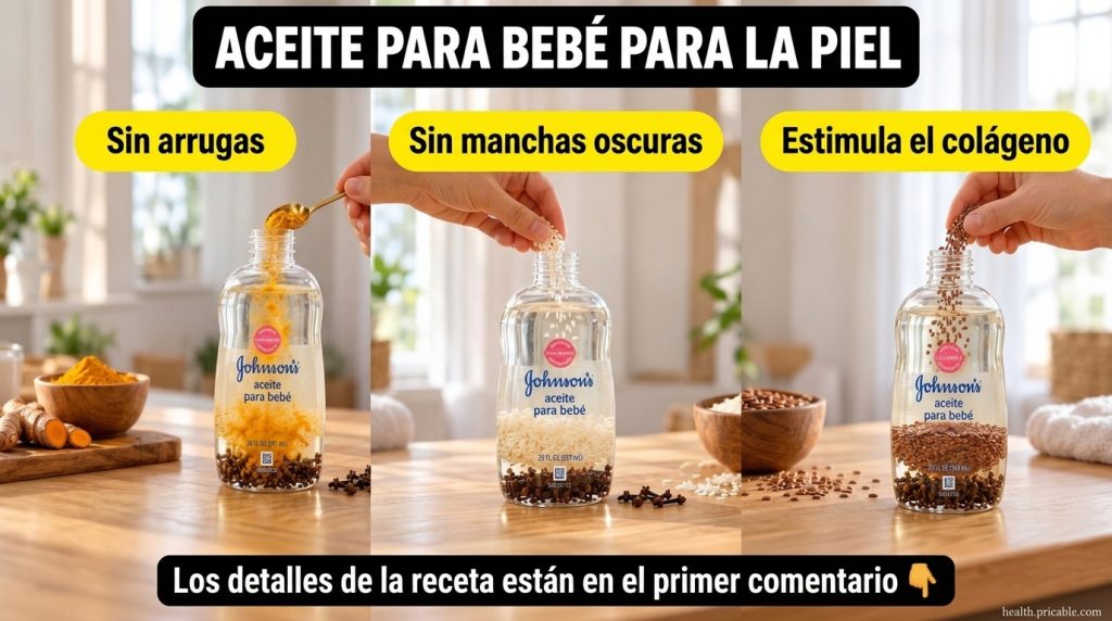 A vertical triptych showing three glass bottles each containing Johnson s baby oil and cloves A hand adds turmeric powde