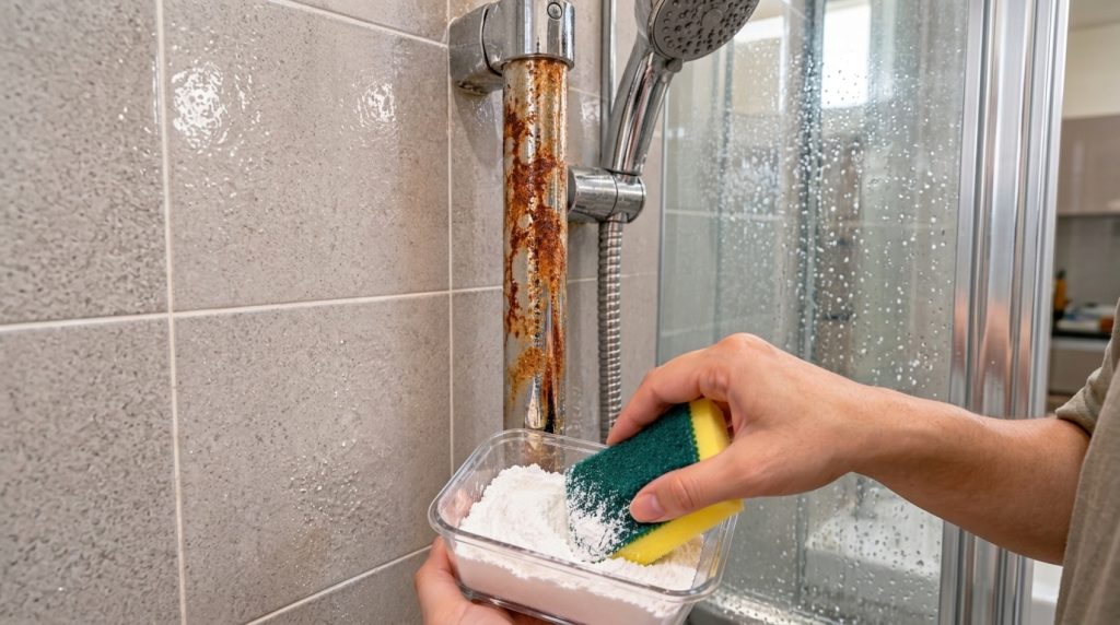 A person s hands holding a glass container filled with white cream of tartar powder and a cleaning sponge with a heavily