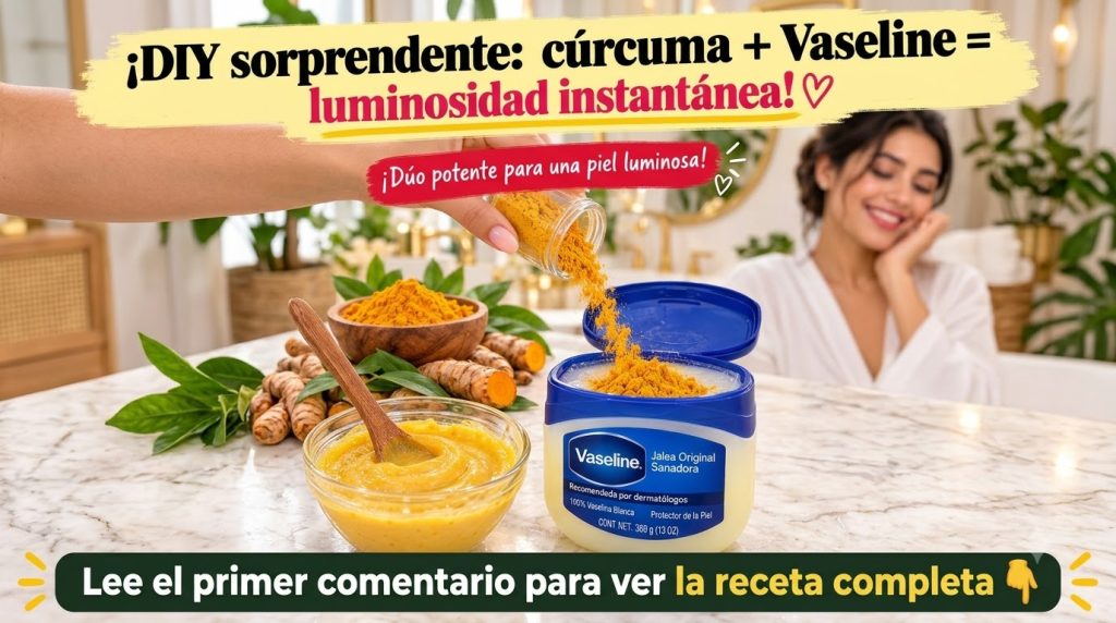 A hand pouring golden turmeric powder from a spoon into a small clear tub of white Vaseline In the blurred background th