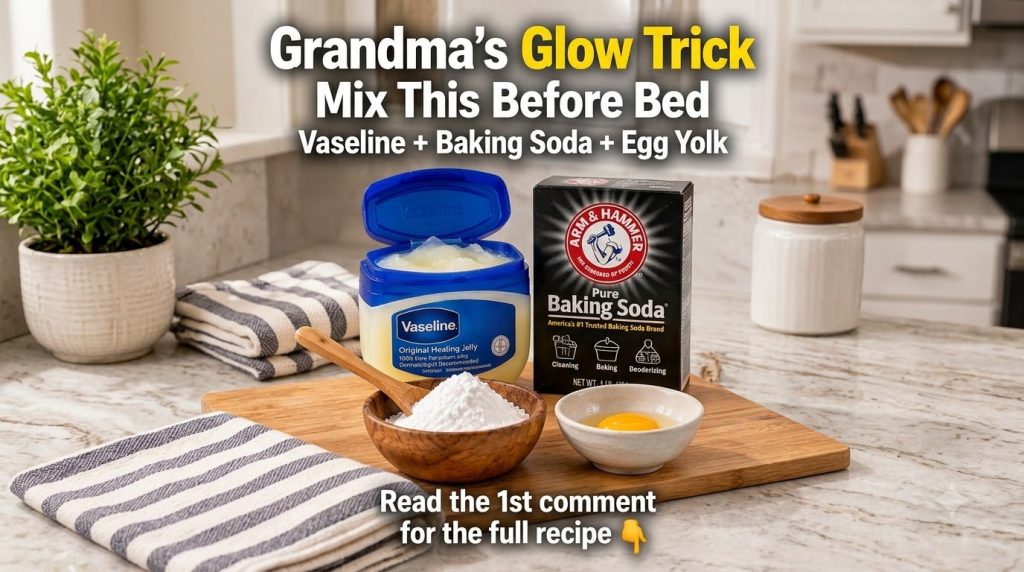 Ingredients for Grandma s Glow Trick on a wooden cutting board including an open tub of Vaseline a box of Arm Hammer Bak