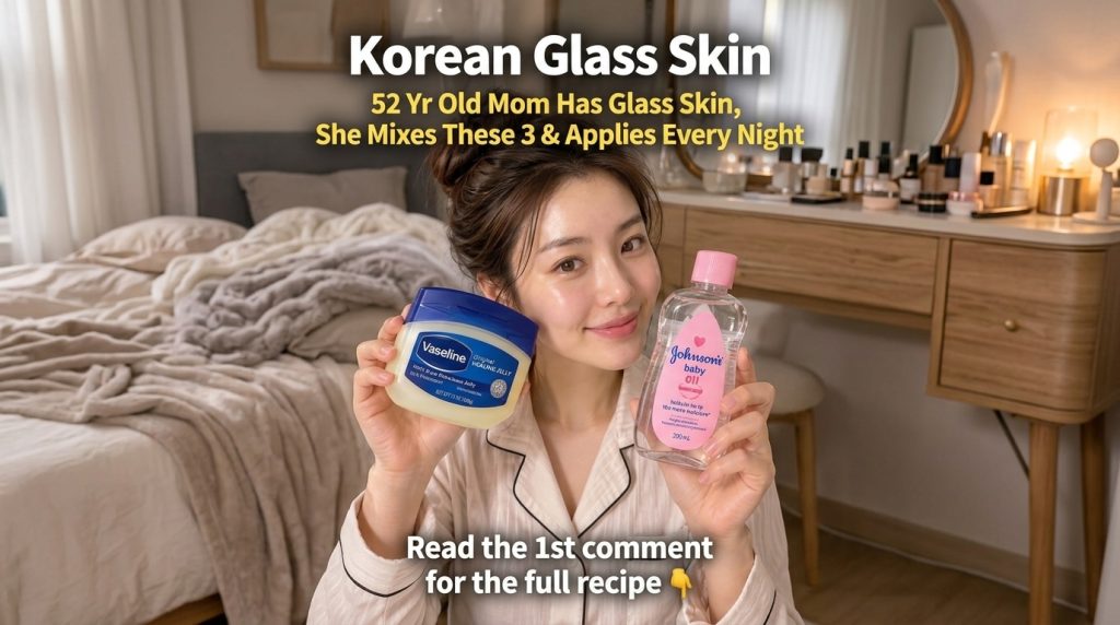A smiling young woman with radiant glass skin holding up a tub of Vaseline and a bottle of Johnson s baby oil She has an