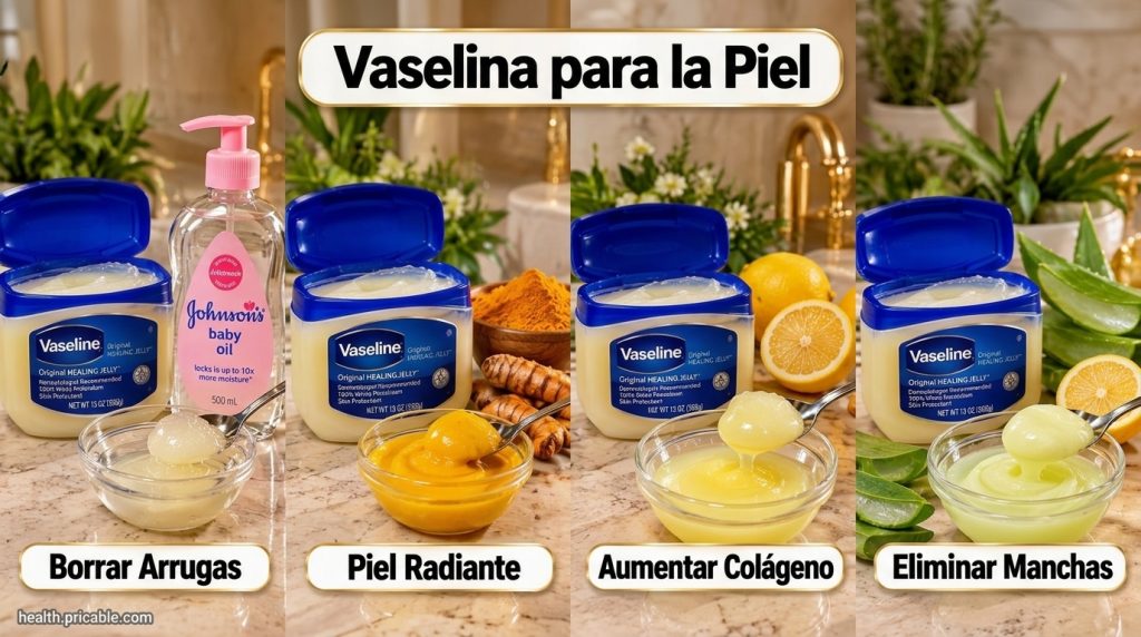A collage of four panels each showing Vaseline mixed with different natural ingredients for skincare One panel has Vasel