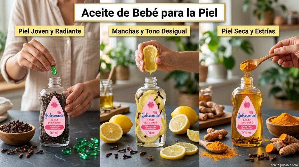 Three bottles of Johnson s baby oil each being infused by human hands with natural ingredients a green capsule into the
