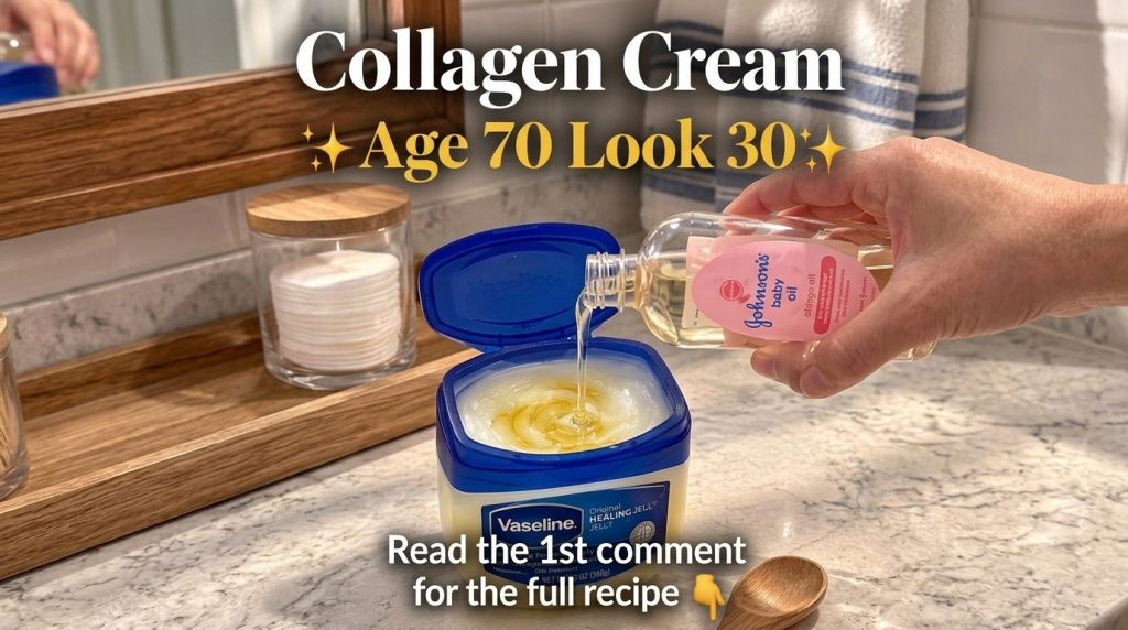 A hand pouring baby oil into an open tub of Vaseline Healing Jelly on a bathroom counter A swirl of oil and jelly is alr