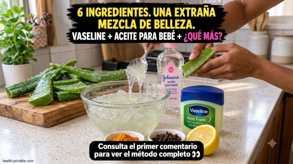 An overhead shot of a kitchen counter with various beauty ingredients a clear glass bowl with aloe vera gel a hand holdi