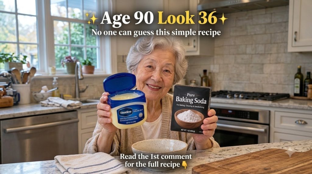 A smiling elderly woman holding a large jar of Vaseline and a box of baking soda towards the viewer in a bright kitchen