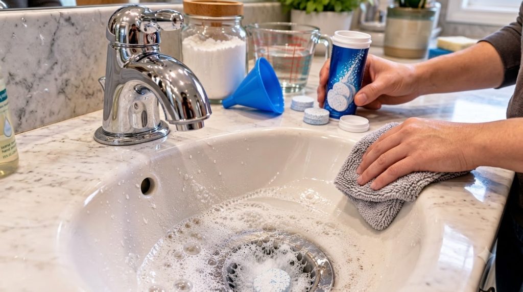 An effervescent cleaning tablet dissolving in a bathroom sink drain creating bubbly foam Cleaning supplies like powder m