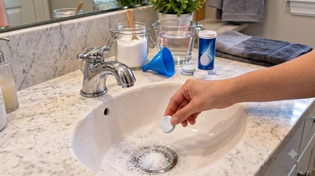 A hand dropping an effervescent cleaning tablet into a bubbly bathroom sink drain with cleaning ingredients in the backg