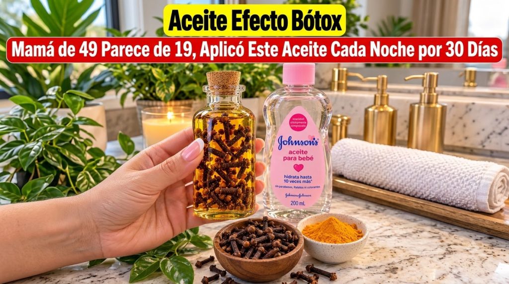 A hand holding a small glass bottle of clove-infused oil next to a large bottle of baby oil In the foreground cloves tur