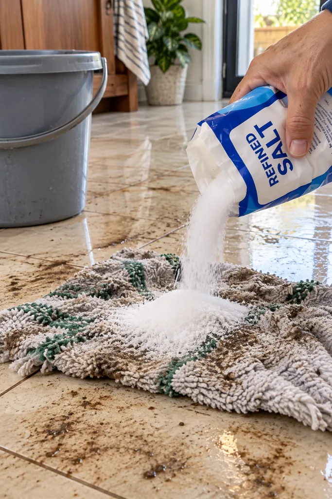 A hand pouring refined salt from a bag onto a wet mop-like cloth on a tiled floor A grey bucket is in the background