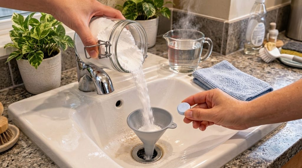 A hand pouring white powder baking soda through a gray funnel into a sink drain with a blue cleaning tablet and a steami