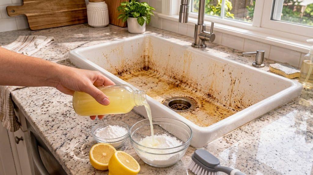 A hand pouring lemon juice from a bottle into a bowl of baking soda next to a stained white farmhouse sink with lemon ha