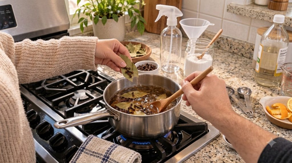 Hands adding bay leaves and cloves to a simmering pot on a stove