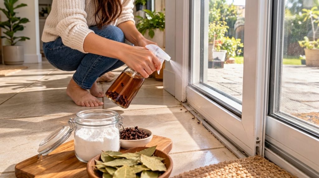 Hands holding a spray bottle with a clove solution aiming at ants near a window sill on a tiled floor