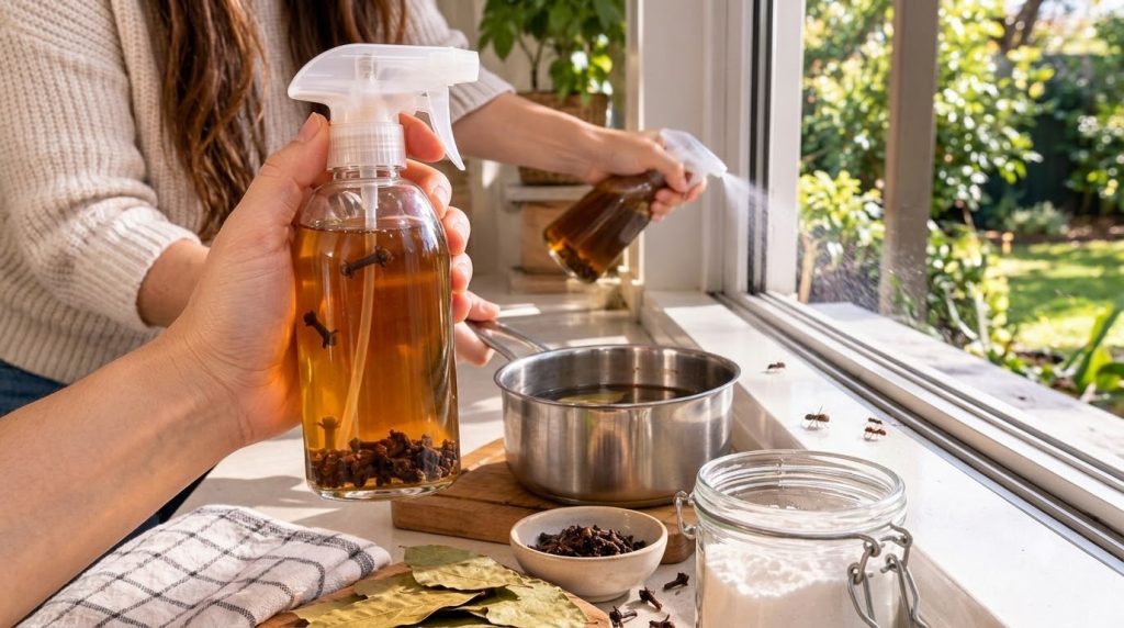Hands preparing a natural insect repellent with bay leaves and cloves next to a pot of liquid with two ants visible on a