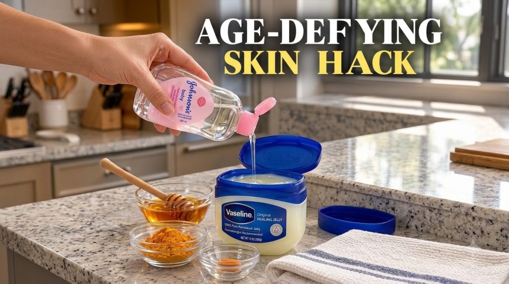 A hand pouring Johnson s baby oil into a tub of Vaseline on a kitchen counter surrounded by a bowl of honey a bowl of tu