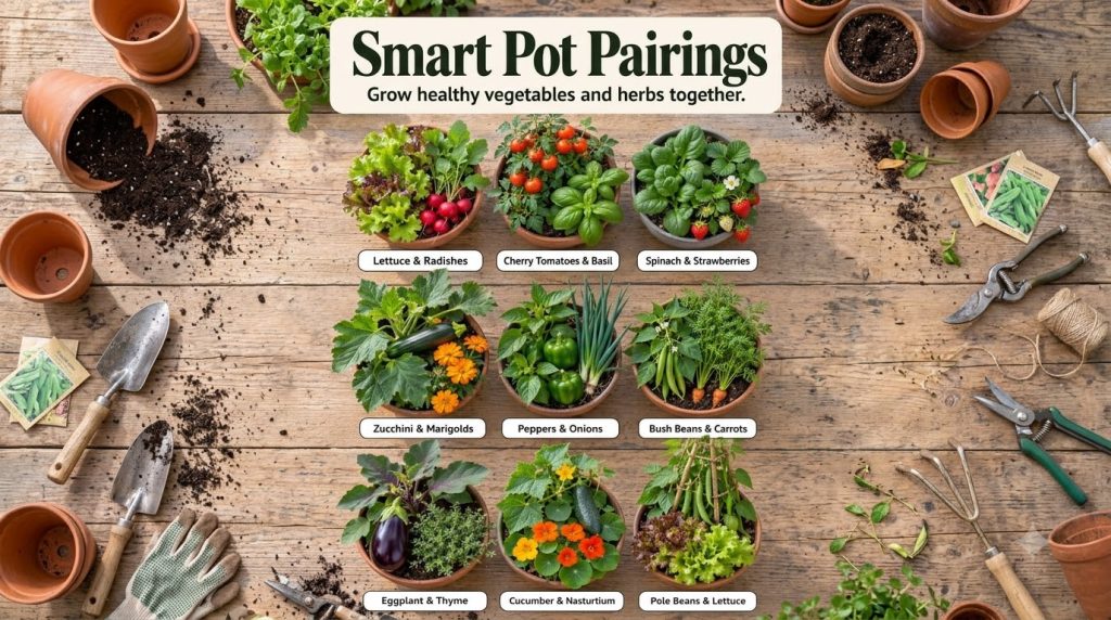 Nine different companion plant pairings in various pots on a rustic wooden table Pairs include cherry tomatoes and basil