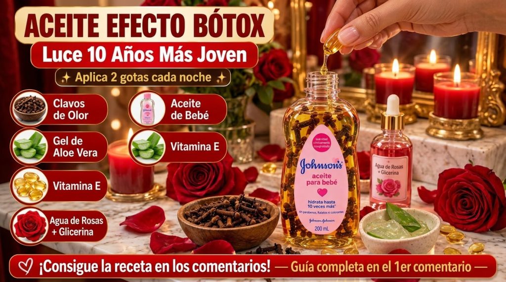 A collection of natural ingredients for a homemade botox effect oil including Johnson s baby oil cloves aloe vera leaf v