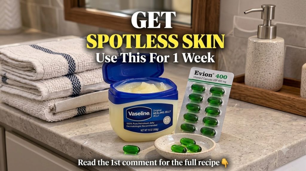 An open jar of Vaseline petroleum jelly a blister pack of Evion 400 Vitamin E capsules and loose capsules on a bathroom 