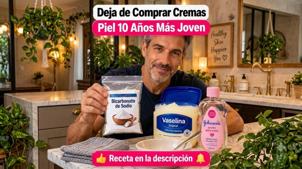 A smiling man holding a bag of baking soda with Vaseline and baby oil on a counter The background is a warm bathroom set