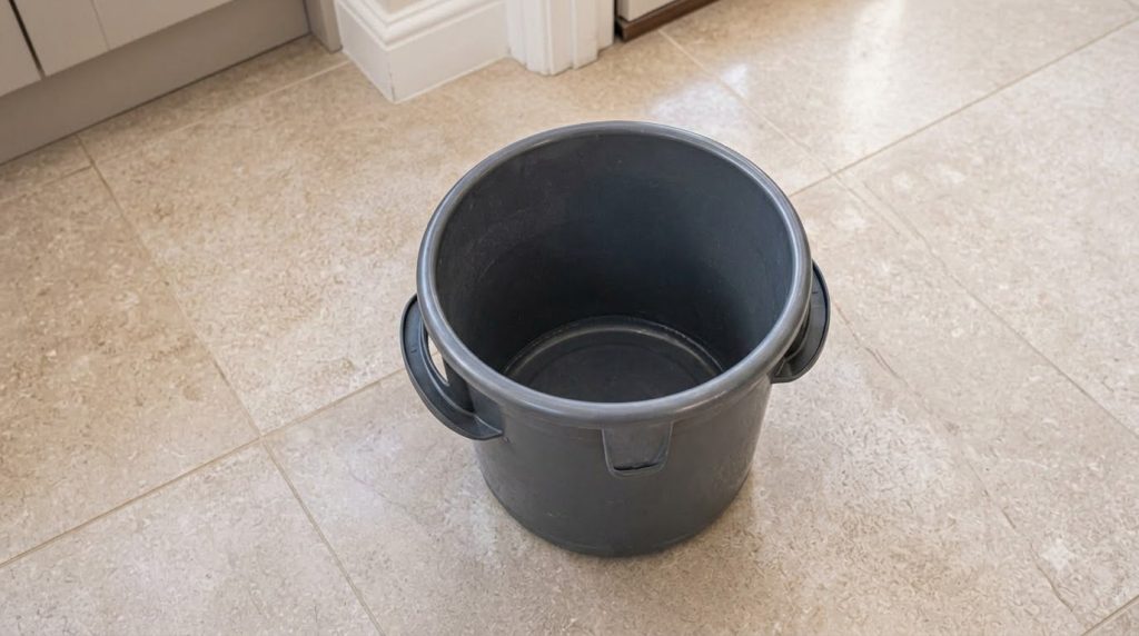A split image showing a dirty dull floor on one side and a gleaming clean floor on the other with cleaning tools like a 