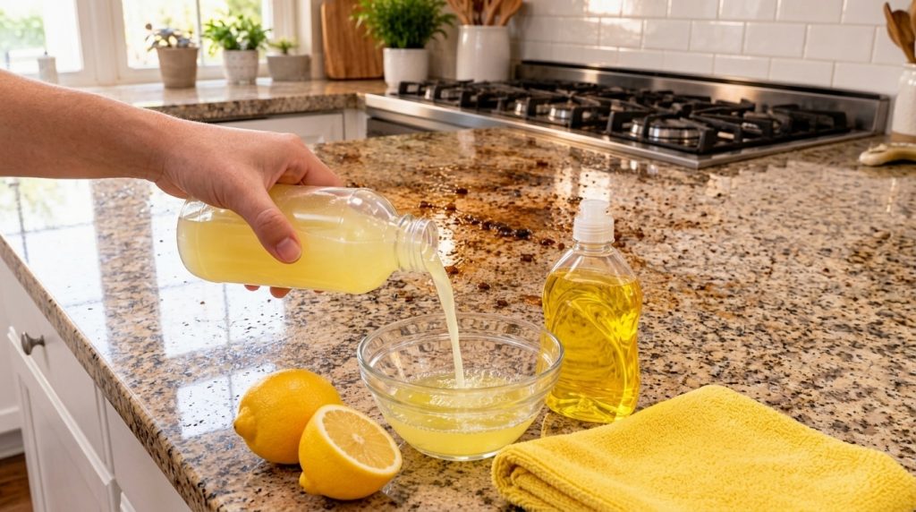 A hand pouring lemon juice into a bowl with dish soap and fresh lemons nearby on a dirty granite kitchen counter