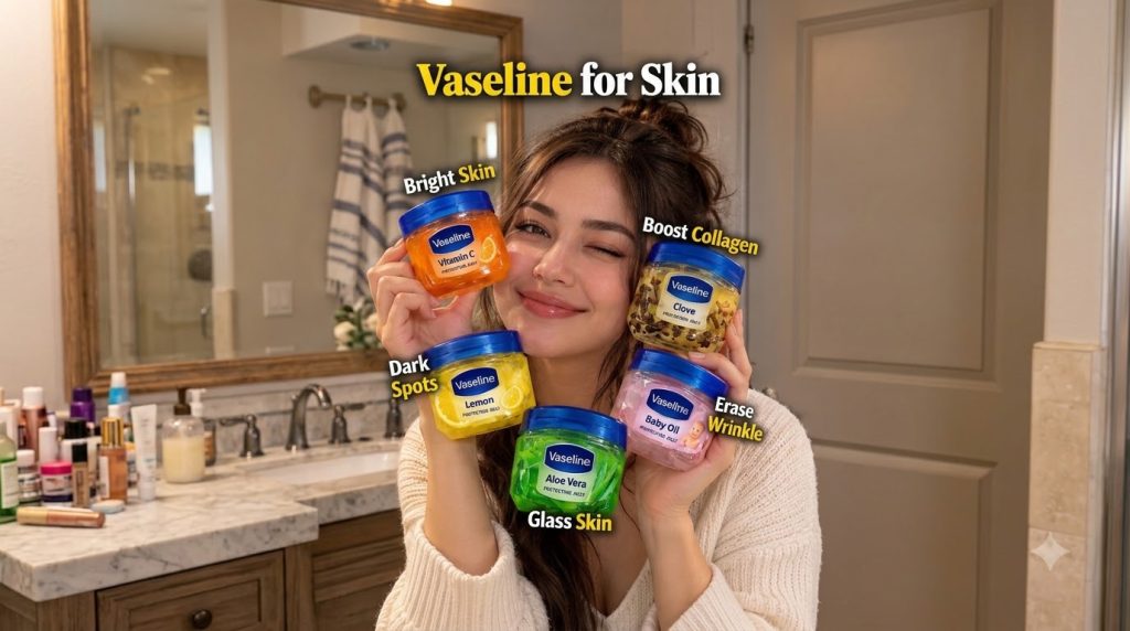 A smiling woman winking holding five jars of Vaseline Protecting Jelly with colorful natural-ingredient themes against a