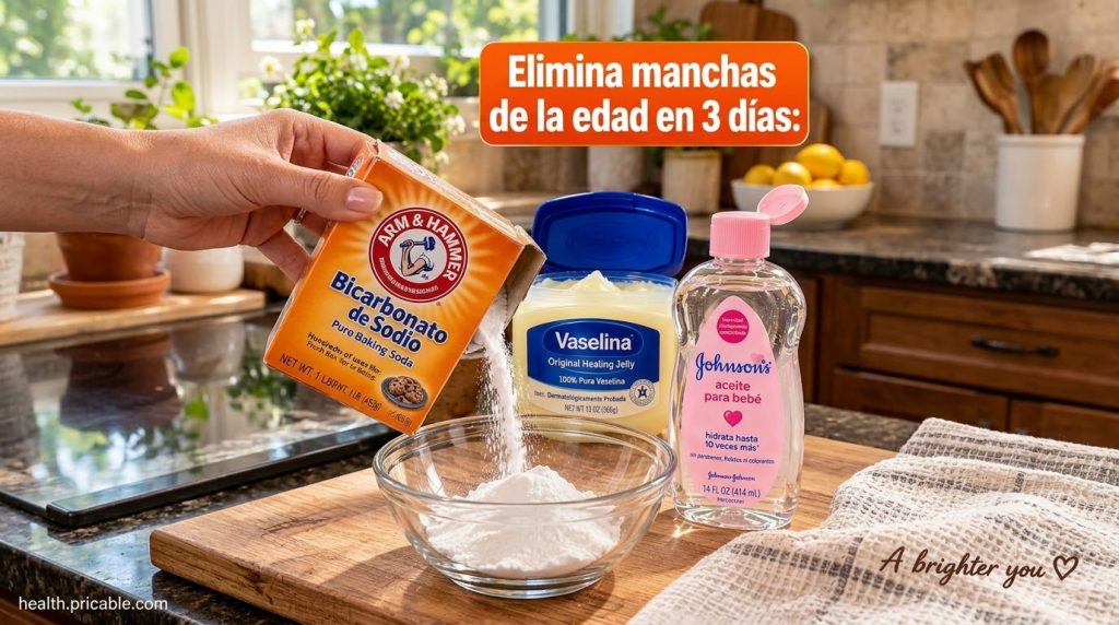 Una mano vertiendo bicarbonato de sodio en un tazón de vidrio con vaselina y aceite de bebé al lado en una tabla de made