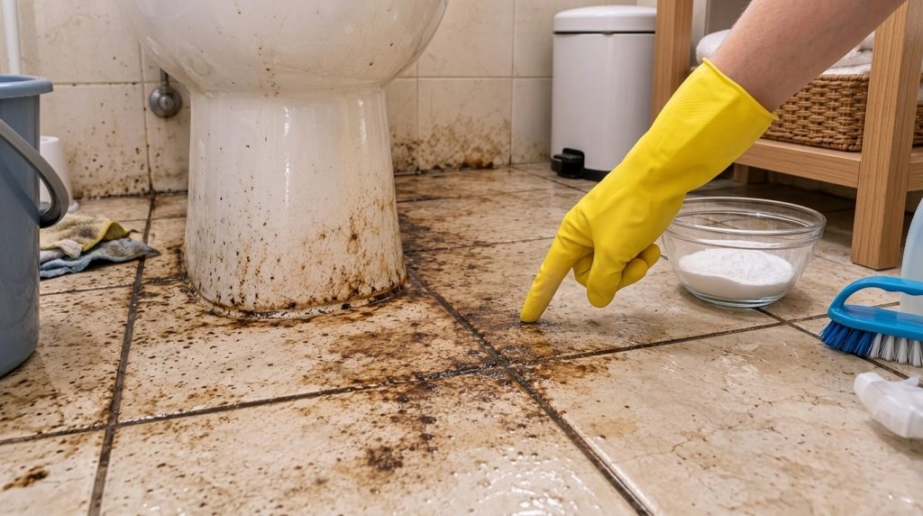 A heavily soiled bathroom floor around the base of a toilet with dark grime and moisture visible on the tiles and grout 