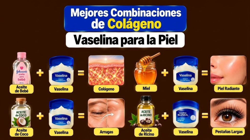 An infographic showing four combinations of Vaseline with natural ingredients for various beauty benefits including coll