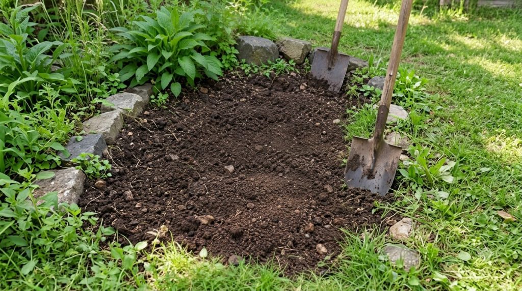 A visual guide illustrating the steps of in-ground composting near thriving tomato plants Show kitchen scraps like veget