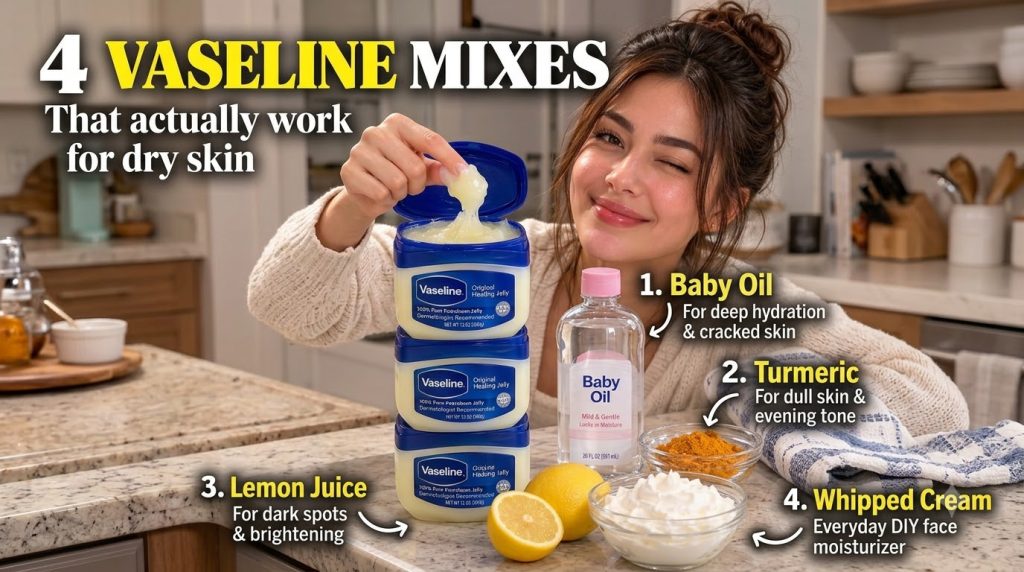 A woman winking and holding a generous portion of Vaseline jelly with three stacked Vaseline jars a bottle of baby oil a