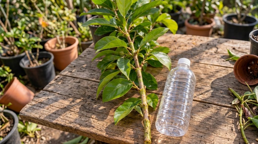 A close-up view of an air-layered plant stem using a clear plastic bottle wrapped around a tree branch filled with moist