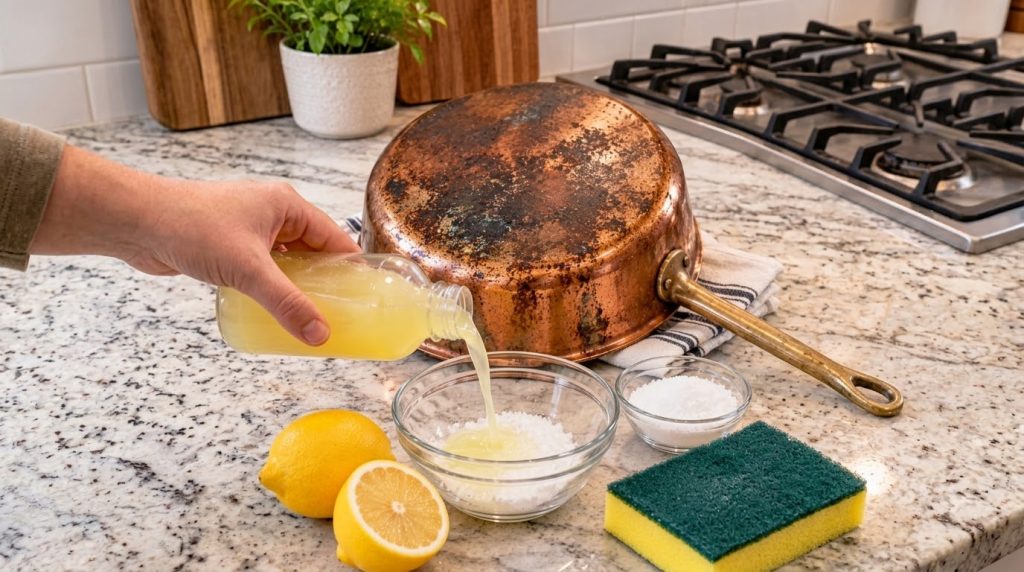 A hand pouring lemon juice into a bowl with salt next to a tarnished copper pot whole and halved lemons and a cleaning s