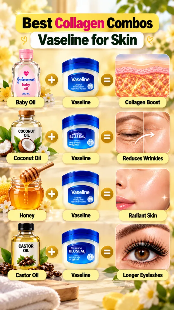 An infographic showing four simple Vaseline combos Vaseline and Honey for Collagen Boost Vaseline and Almond Oil for Wri