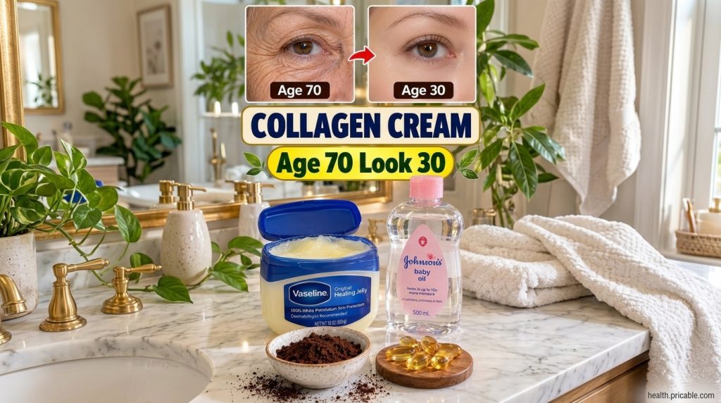 Ingredients for a homemade collagen support cream including an open jar of Vaseline a bottle of Johnson s baby oil a sma