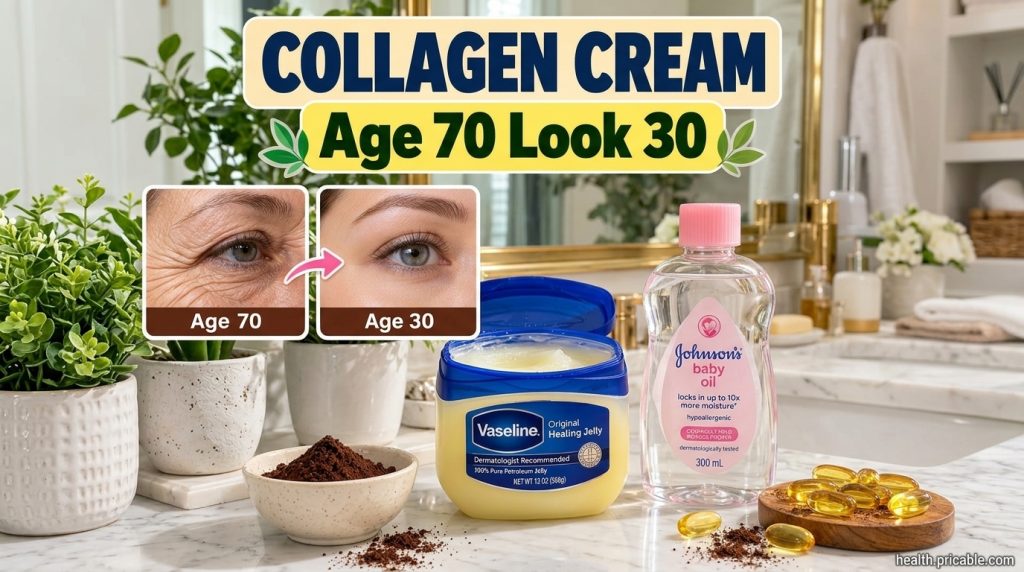 Ingredients for a DIY youthful skin cream laid out on a bathroom vanity including an open jar of petroleum jelly a bottl