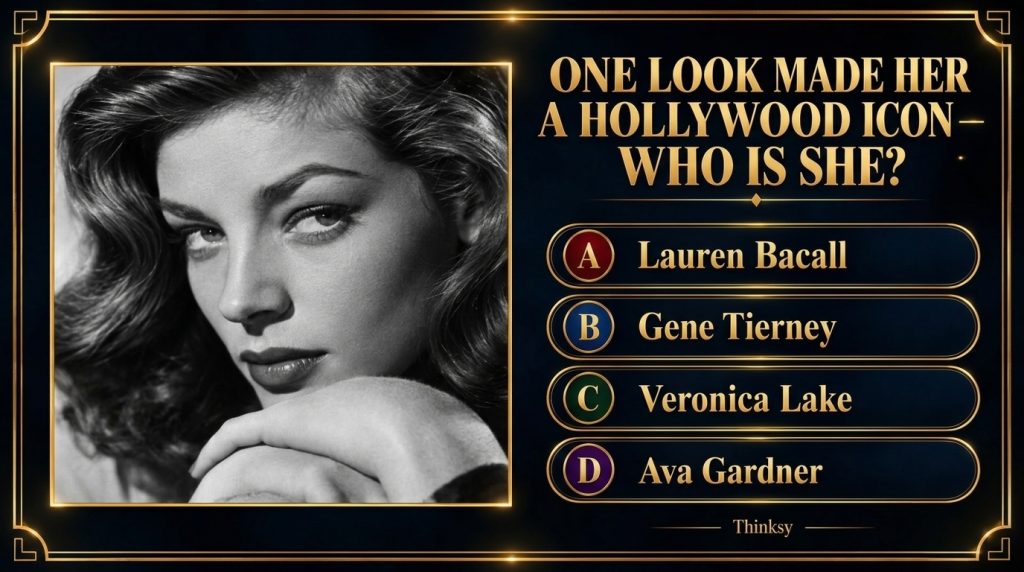 A black and white portrait of a young Lauren Bacall featuring her intense gaze and wavy hair framed with art deco border