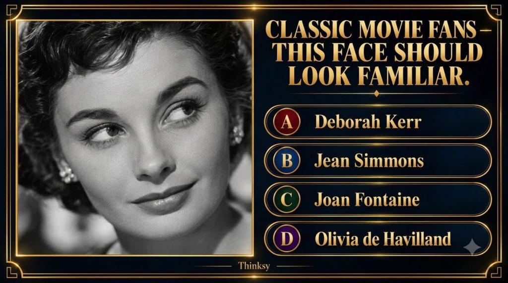 Black and white close-up portrait of Jean Simmons showing her eyes nose and forehead with a thoughtful expression lookin