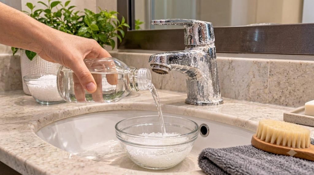 A hand pouring white vinegar into a glass bowl with sea salt next to a heavily limescale-covered chrome faucet