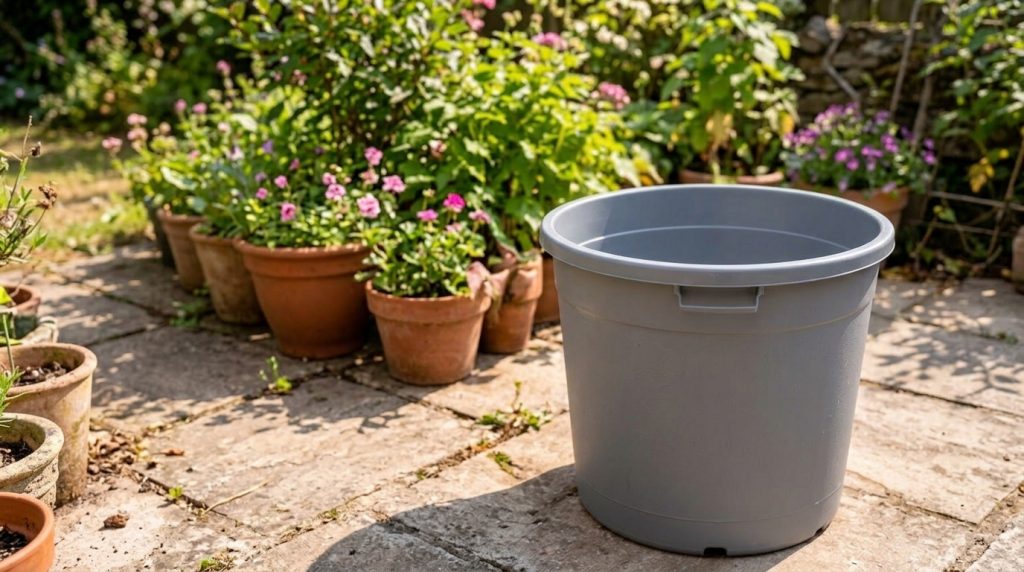 A self-fertilizing strawberry planter with a built-in compost tube shown with lush strawberry plants bearing ripe red fr