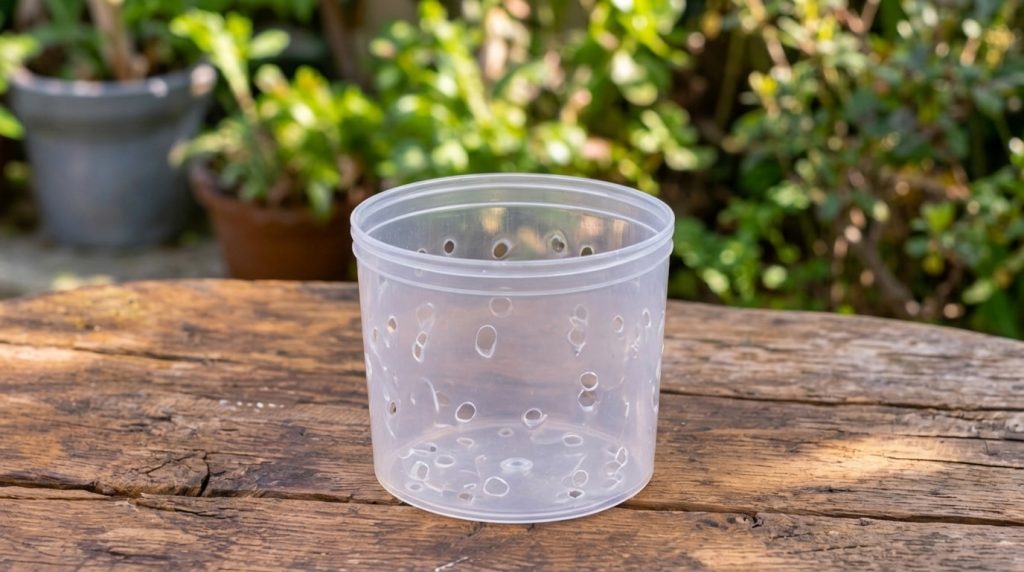 Repurposed containers holding thriving strawberry plants with integrated mini-composters some showing kitchen scraps ins