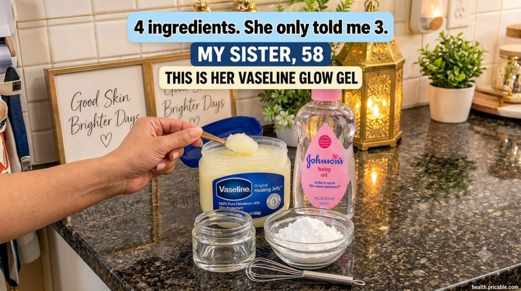 Ingredients for a Vaseline glow gel including a tub of Vaseline a bottle of baby oil a bowl of white powder an empty gla
