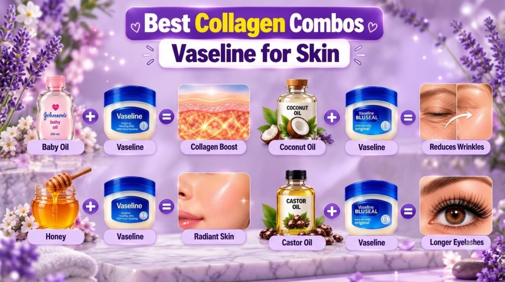An infographic detailing four Collagen Combos with Vaseline and other ingredients set against a soft natural background 