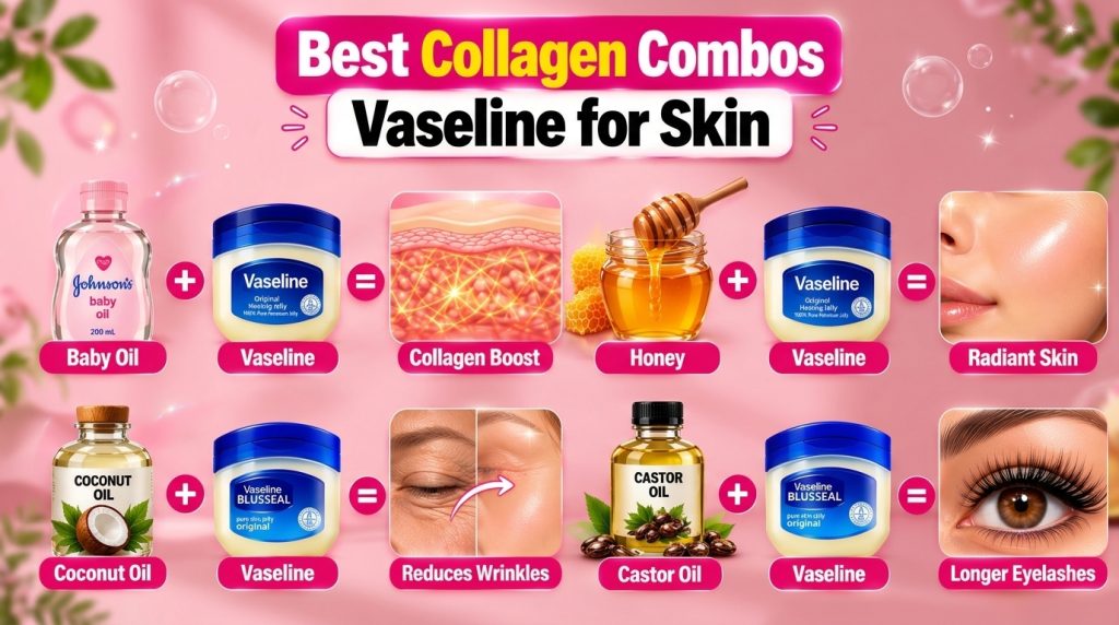 An infographic showing four Vaseline combos Vaseline Baby Oil for Collagen Boost Vaseline Coconut Oil for Wrinkle Reduct