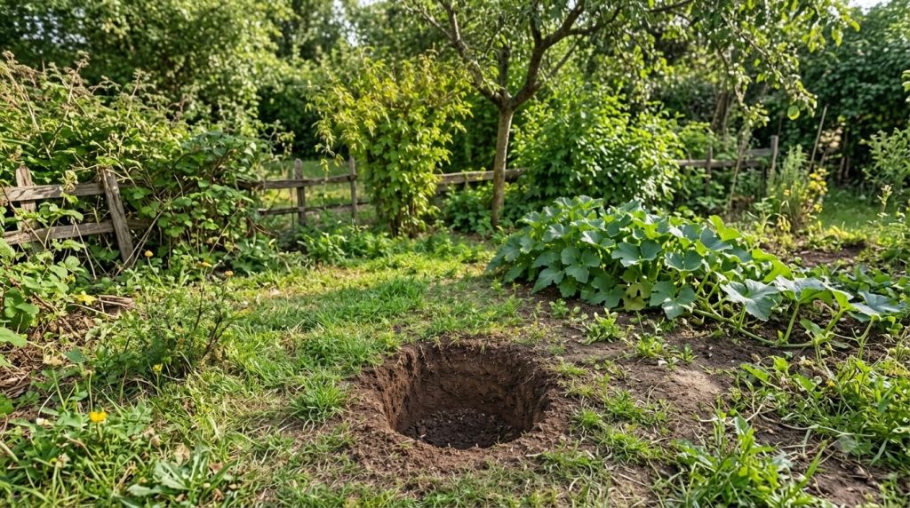 A close-up of an in-ground compost system made from a recycled plastic basket partially buried in garden soil and filled