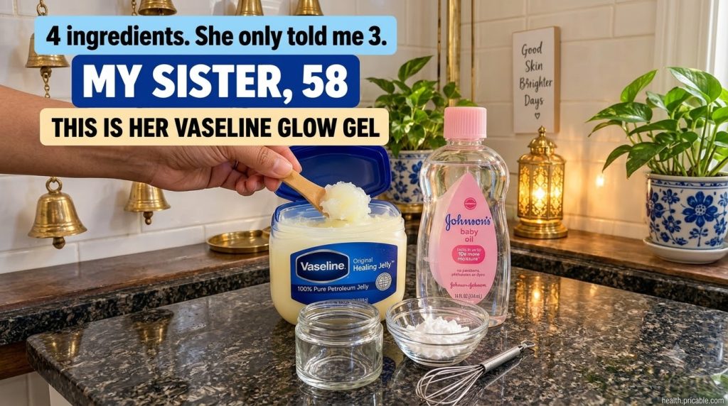 Ingredients for a homemade glow gel laid out on a dark countertop featuring a tub of Vaseline a bottle of baby oil a bow