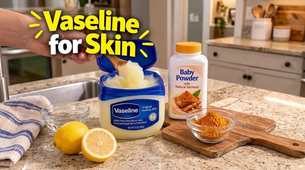 A hand scooping Vaseline from a tub with a wooden spoon surrounded by turmeric powder a bottle of baby powder with turme