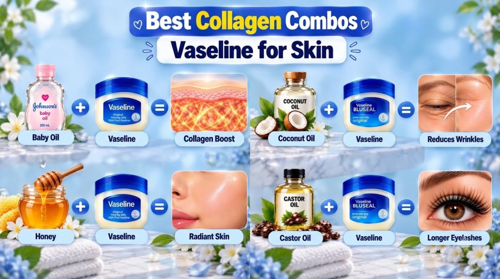 An infographic showing four beauty combinations Vaseline Baby Oil for collagen boost Vaseline Coconut Oil for wrinkle re