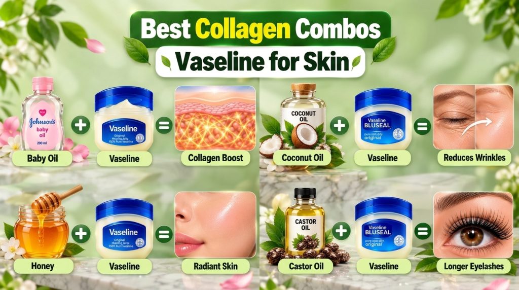 Infographic detailing four Vaseline beauty combos with natural ingredients for different skin benefits Vaseline Baby Oil